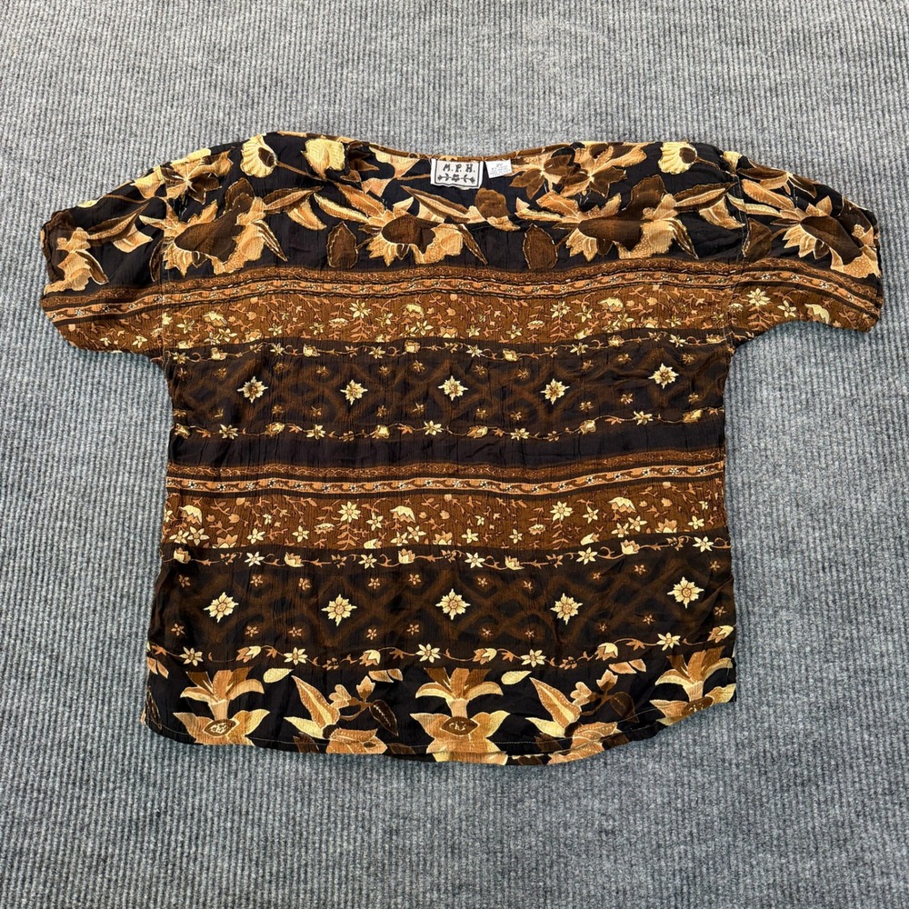 MPH Womens 2X Short Sleeve Blouse Brown Black Floral Beaded Rayon Boho Top